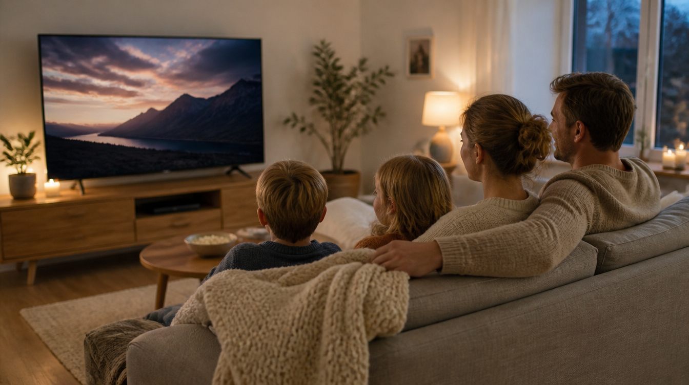 Familj som tittar på en film tillsammans i soffan i ett svenskt vardagsrum