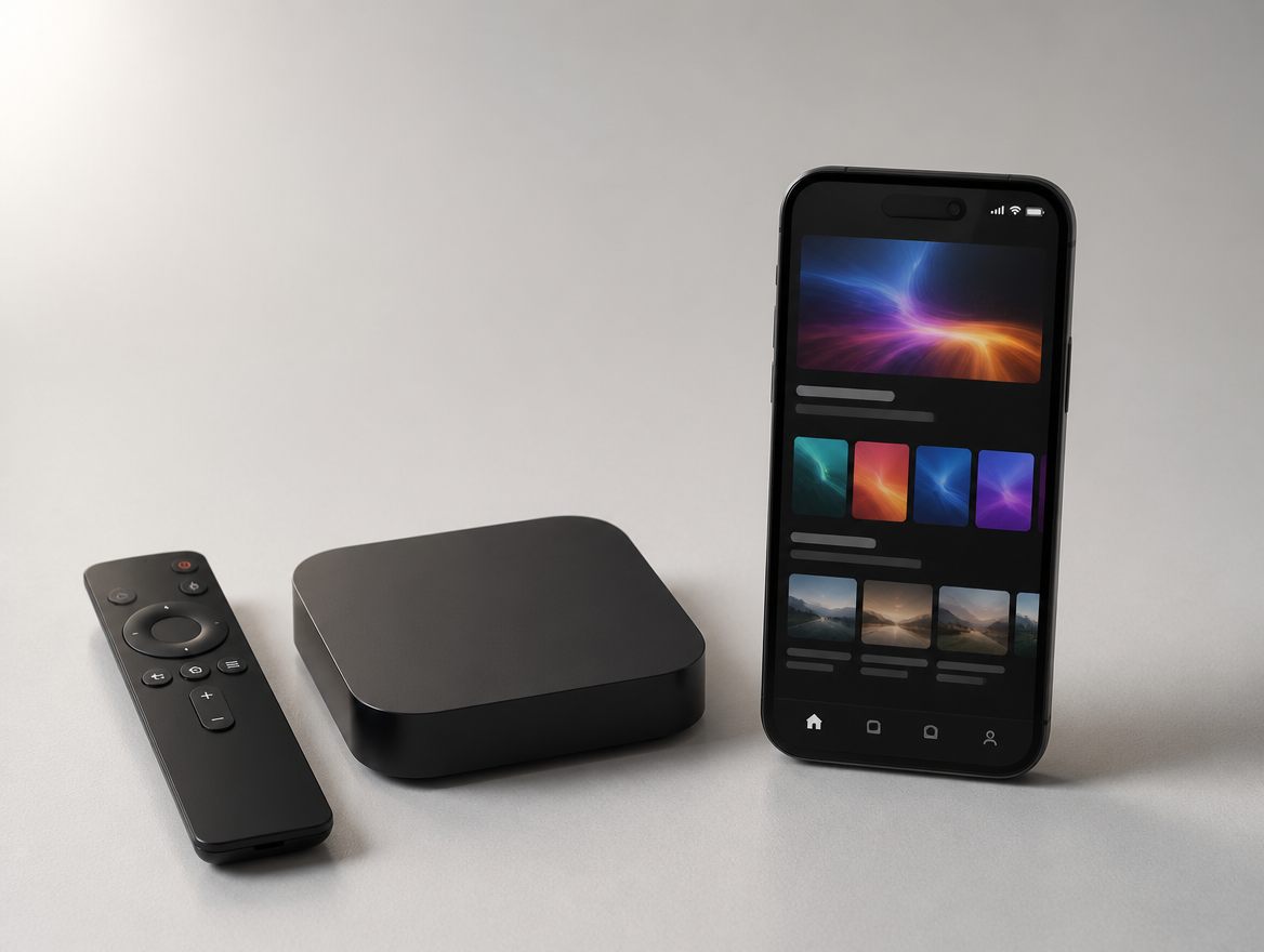 Android TV-box med fjärrkontroll bredvid en mobil som visar en streamingapp