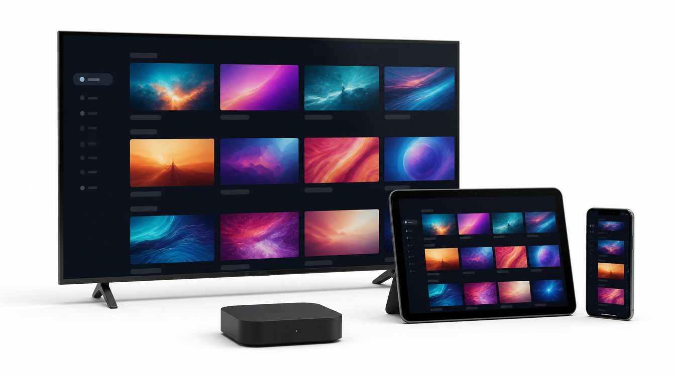 TV, surfplatta, mobil och streamingbox som visar samma strömningsgränssnitt