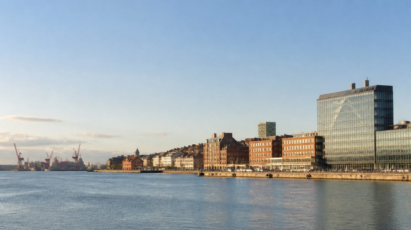 Göteborgs hamnvy en eftermiddag med tegelfasader, kranar i bakgrunden och lugnt vatten