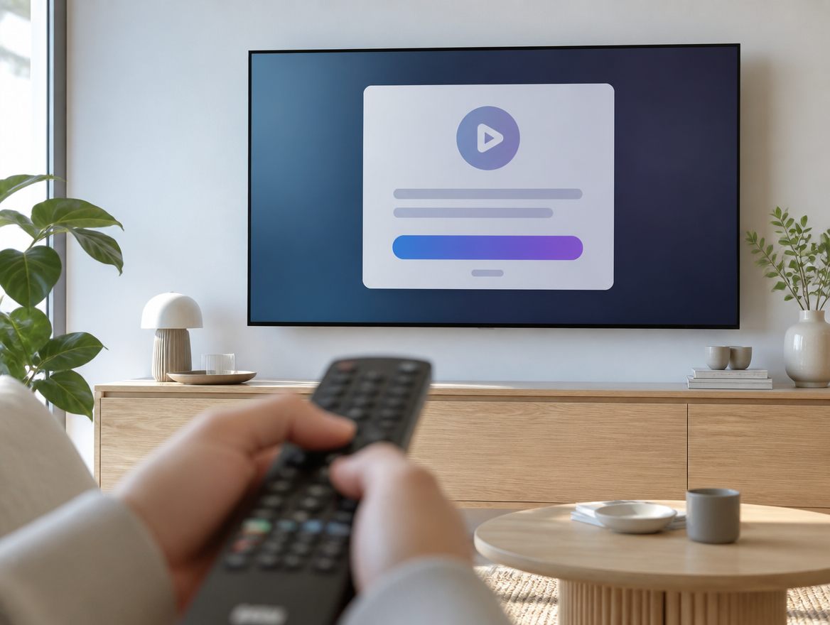 Händer som håller en fjärrkontroll framför en TV som visar en installationsskärm
