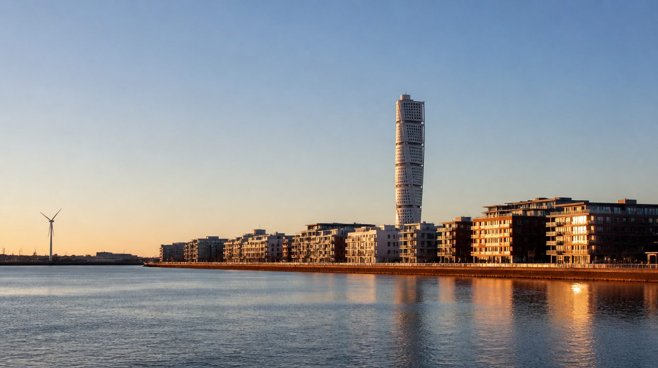 Malmös vattennära stadsbild i kvällssol med moderna bostadshus och lugnt hav