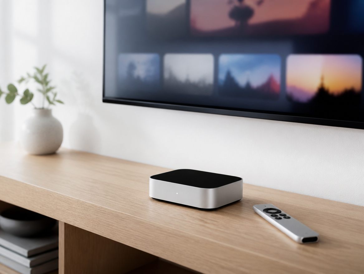Streamingbox på en ekhylla under en väggmonterad TV i ett ljust rum