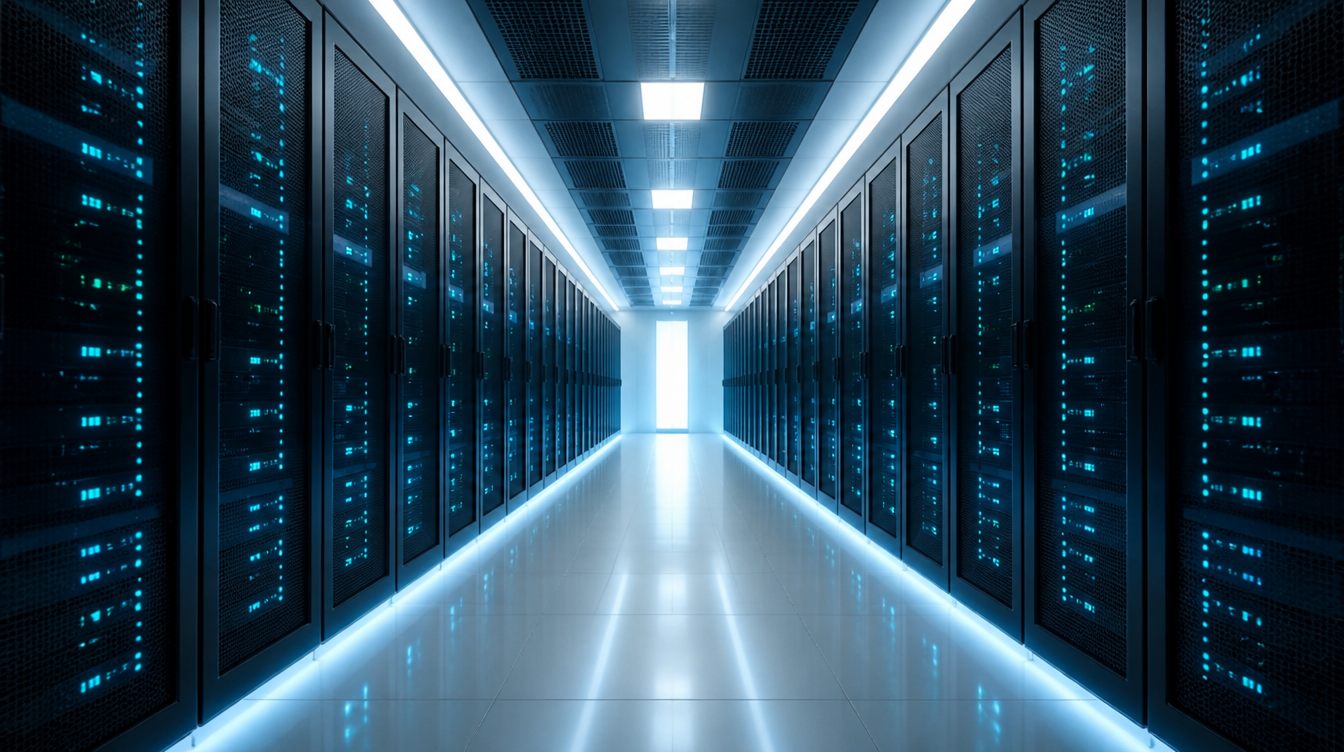Serverhall med rader av rack och gröna statuslampor som symboliserar streamingnätverket