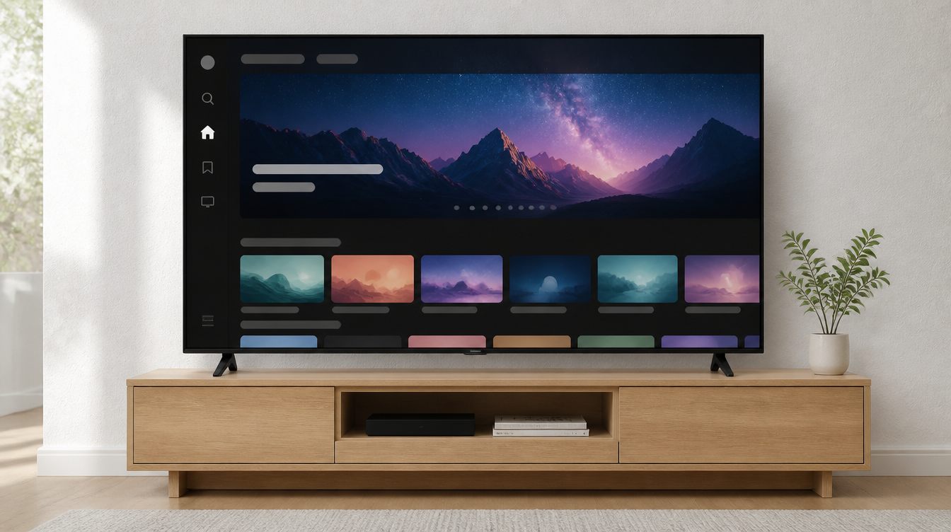 Smart TV i ett ljust vardagsrum som visar startsidan i en streamingapp med kategorier