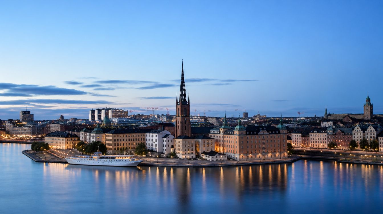 Stockholms siluett i skymningen med Riddarholmskyrkans torn och Gamla Stans fasader speglade i vattnet