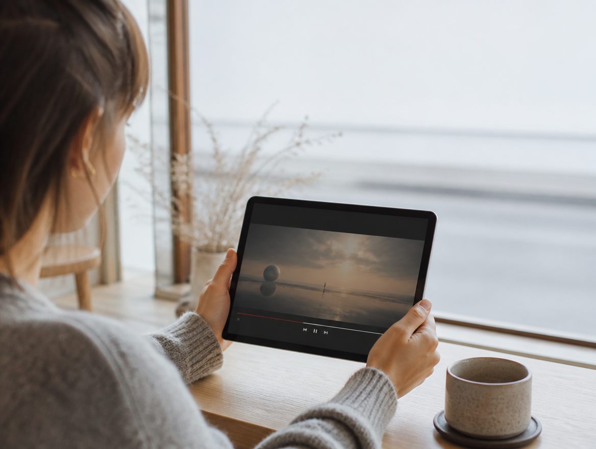 Person som håller en surfplatta och tittar på en film vid ett fönsterbord