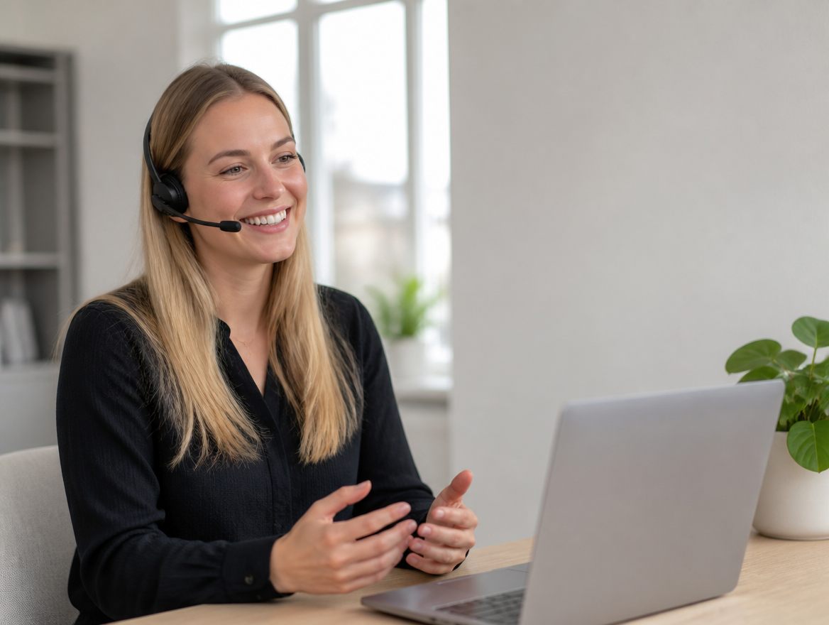 Kundtjänstmedarbetare med headset som hjälper en kund från ett ljust kontor