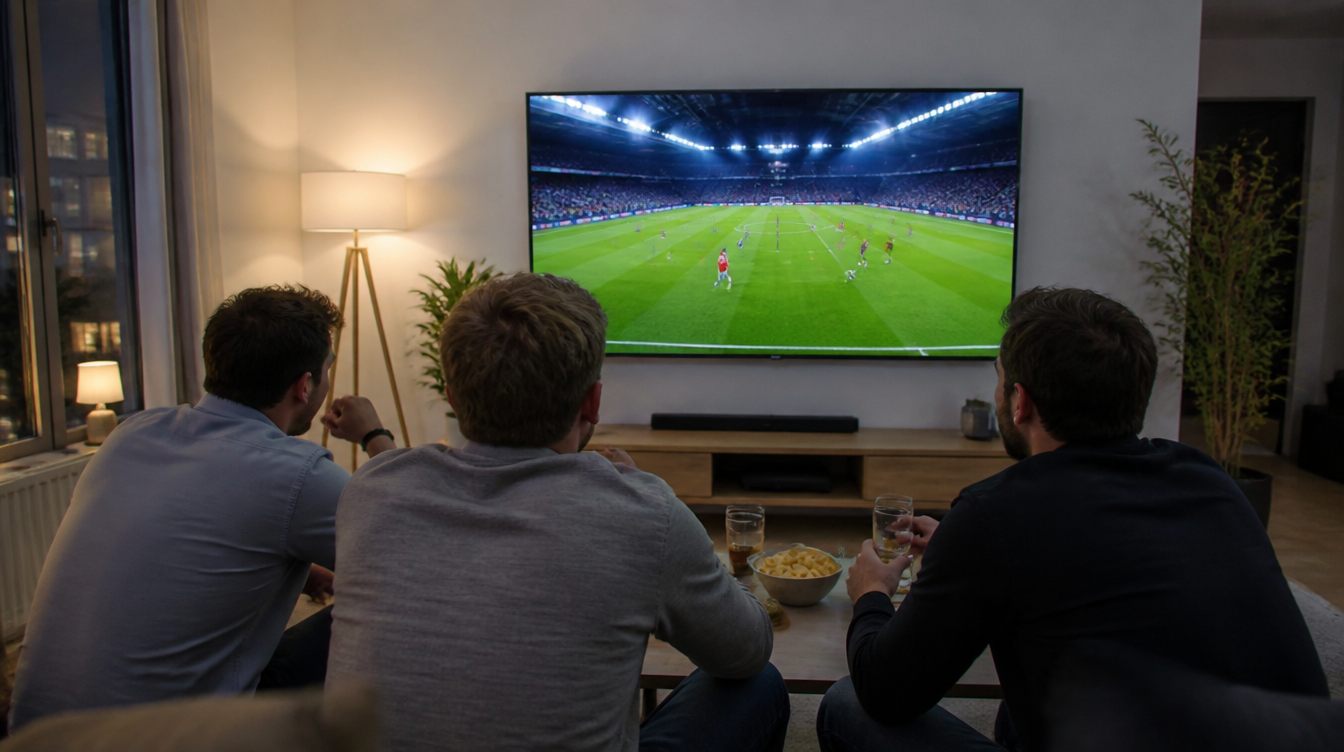 Tre vänner tittar på en fotbollsmatch på TV i en ljus lägenhet